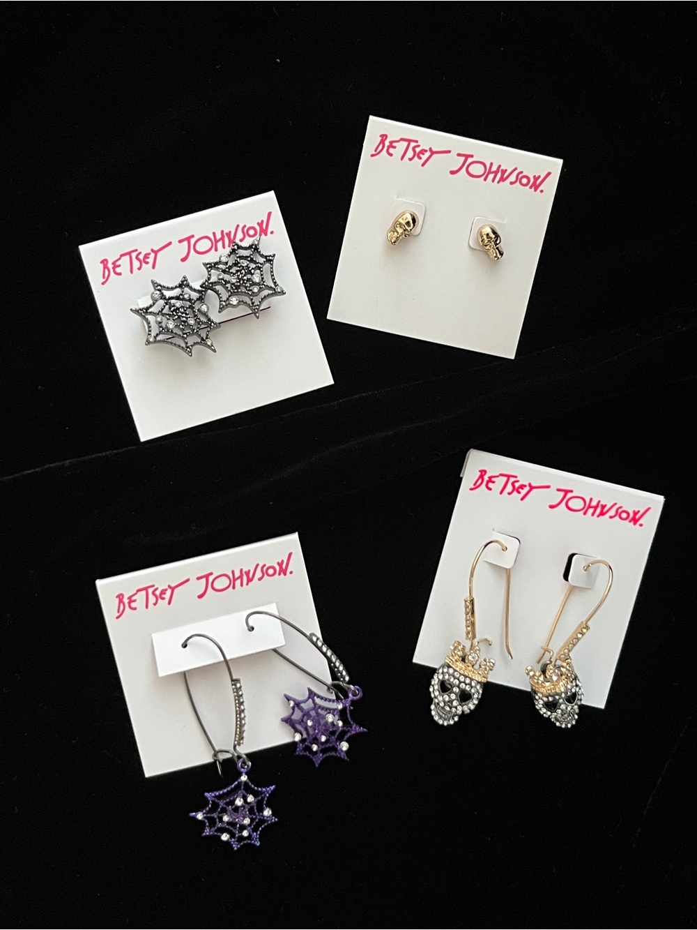 Betsey Johnson Purple Spiderweb and Gold Crystal Skull Drop Earrings (set of 4）